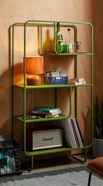  retro green pipe cabinet with house items inside
